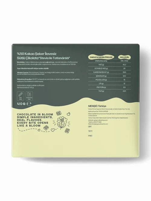 Stevia Sütlü Tablet Çikolata (40 gr) - Chocolate in Bloom